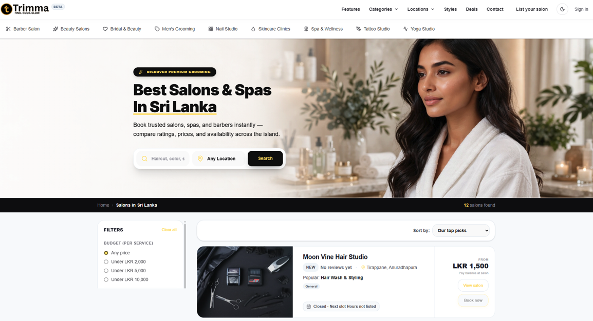Search salons by service and location on Trimma