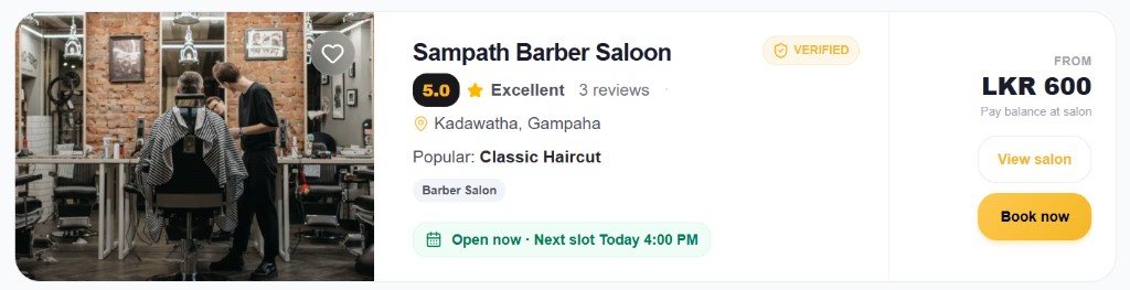 Verified salon listing with ratings, pricing, and availability
