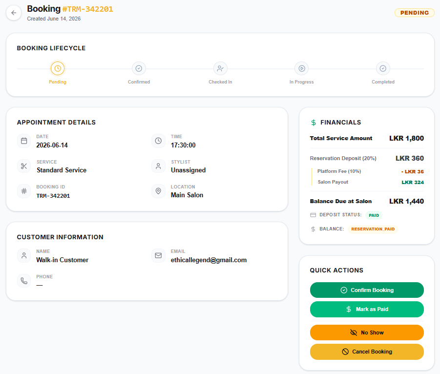 Trimma salon dashboard showing booking details with No Show and Cancel Booking quick actions